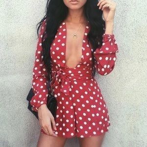 Privacy Please Red Polka Dot Deep V Romper